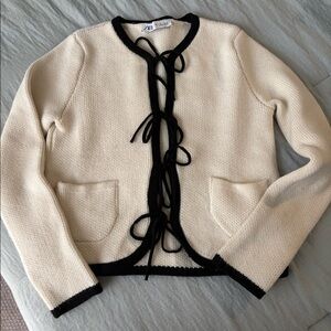 Zara black trim, front tie, cream sweater